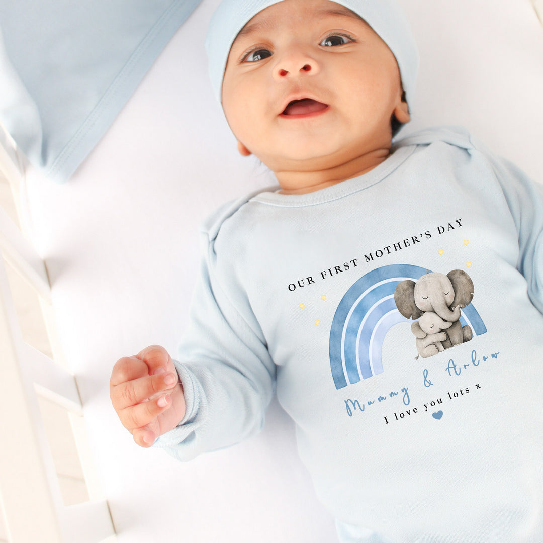 Personalised Blue Rainbow Elephant Our First Mother's Day Baby Grow, Vest or Bib