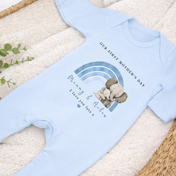 Personalised Blue Rainbow Elephant Our First Mother's Day Baby Grow, Vest or Bib