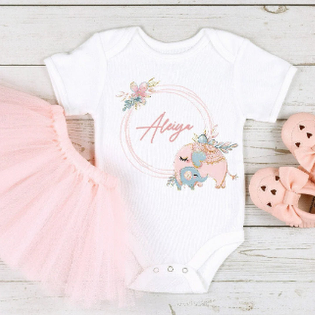 Personalised Pink Elephant Wreath Babygrow/Vest