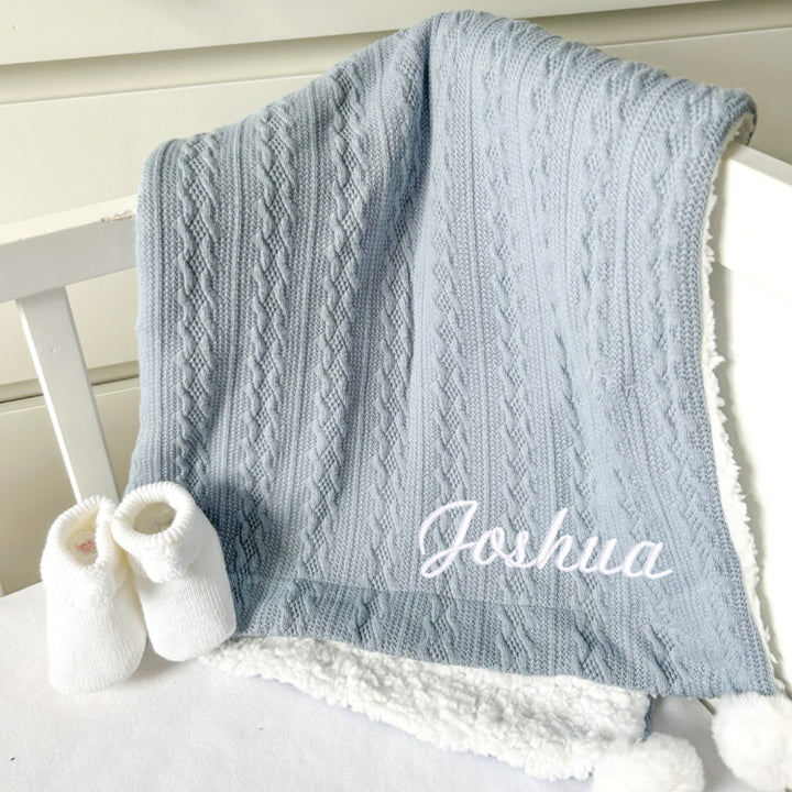Personalised Embroidered Dusty Blue Baby Knitted Pompom Blanket