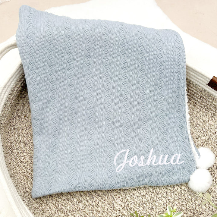 Personalised Embroidered Dusty Blue Baby Knitted Pompom Blanket