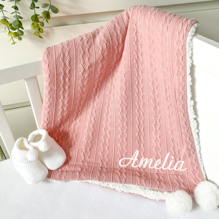 Personalised Embroidered Rose Pink Baby Knitted Pompom Blanket