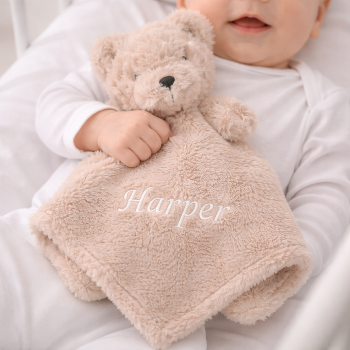Embroidered Beige Waffle Blanket and Comforter Gift Set