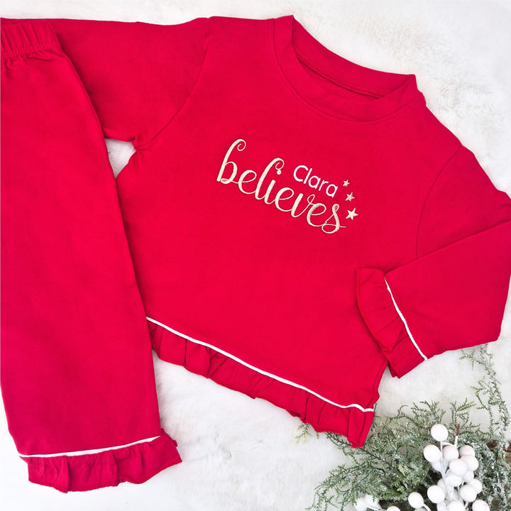 Personalised Embroidered Name Believes Red Frilly Christmas Pyjamas