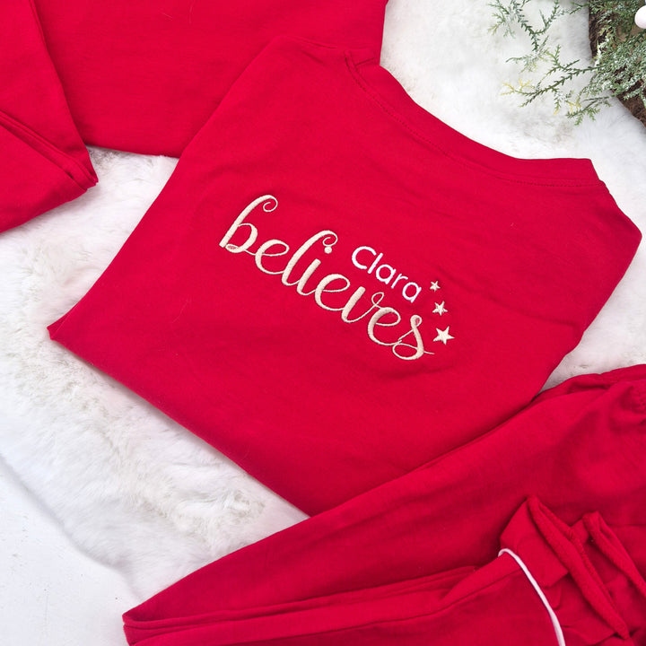 Personalised Embroidered Name Believes Red Frilly Christmas Pyjamas