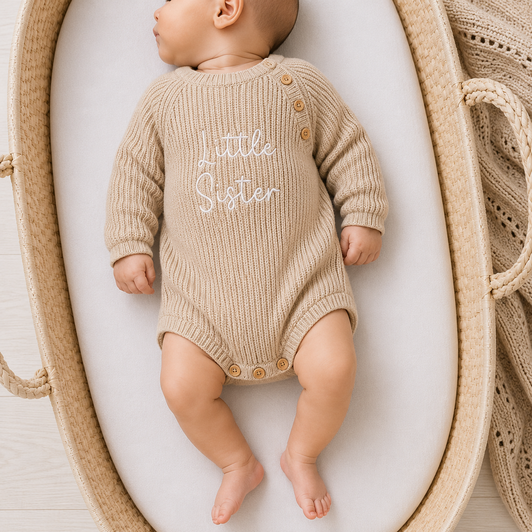 Embroidered Little Sister Ribbed Baby Romper