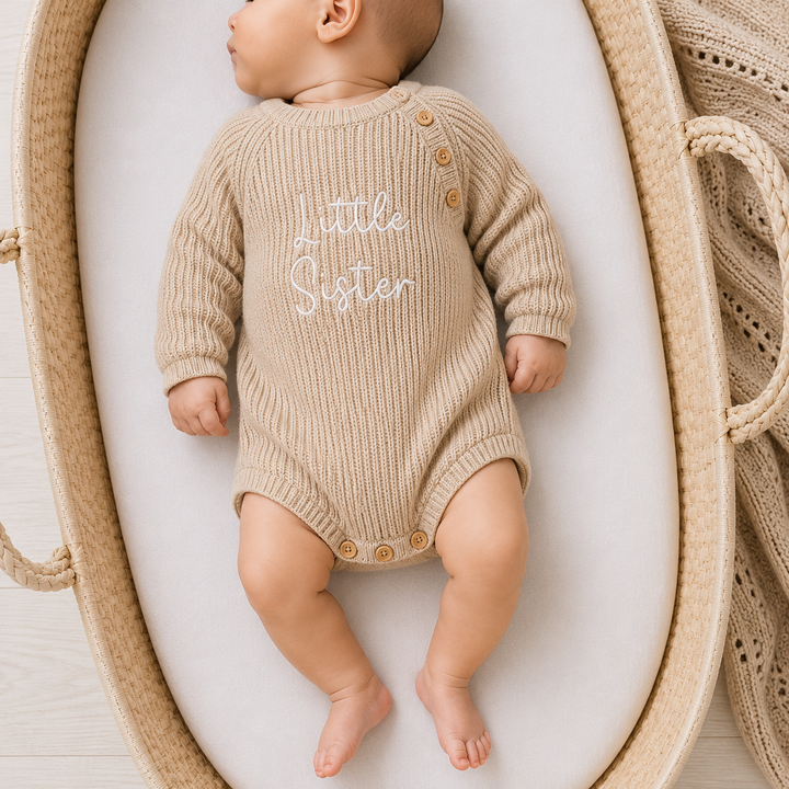 Embroidered Little Sister Ribbed Baby Romper