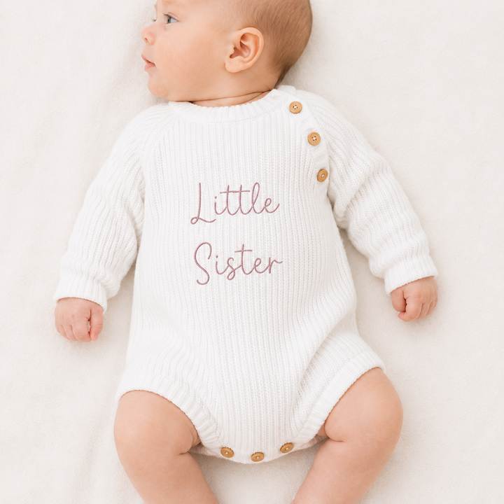 Embroidered Little Sister Ribbed Baby Romper