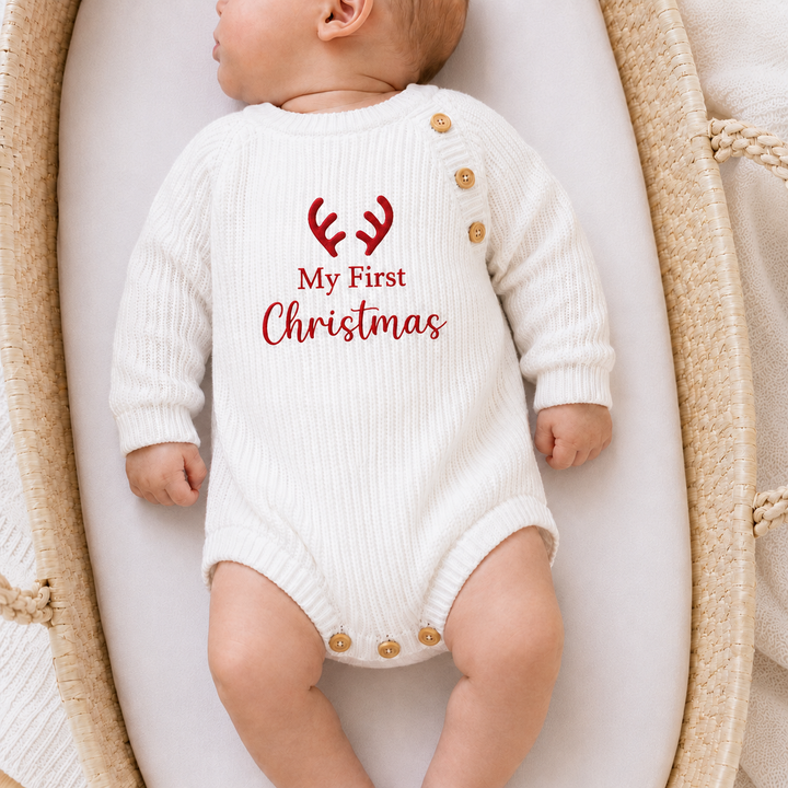 Embroidered Reindeer Antlers Ribbed My First Christmas Romper