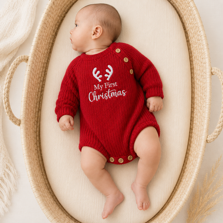 Embroidered Reindeer Antlers Ribbed My First Christmas Romper