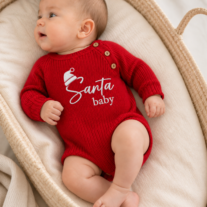 Embroidered Santa Baby Hat Ribbed Christmas Romper
