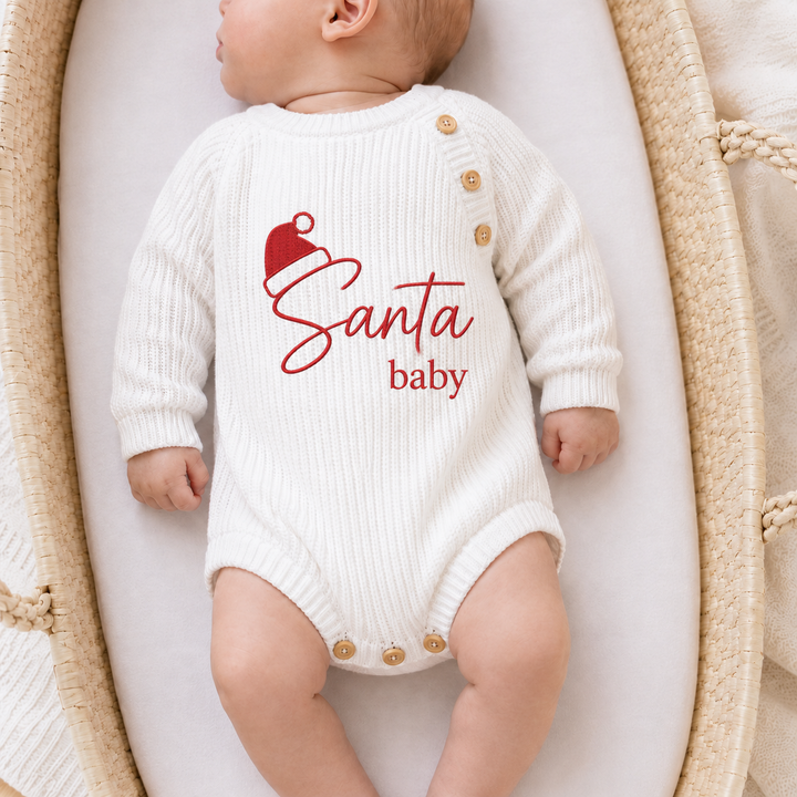 Embroidered Santa Baby Hat Ribbed Christmas Romper
