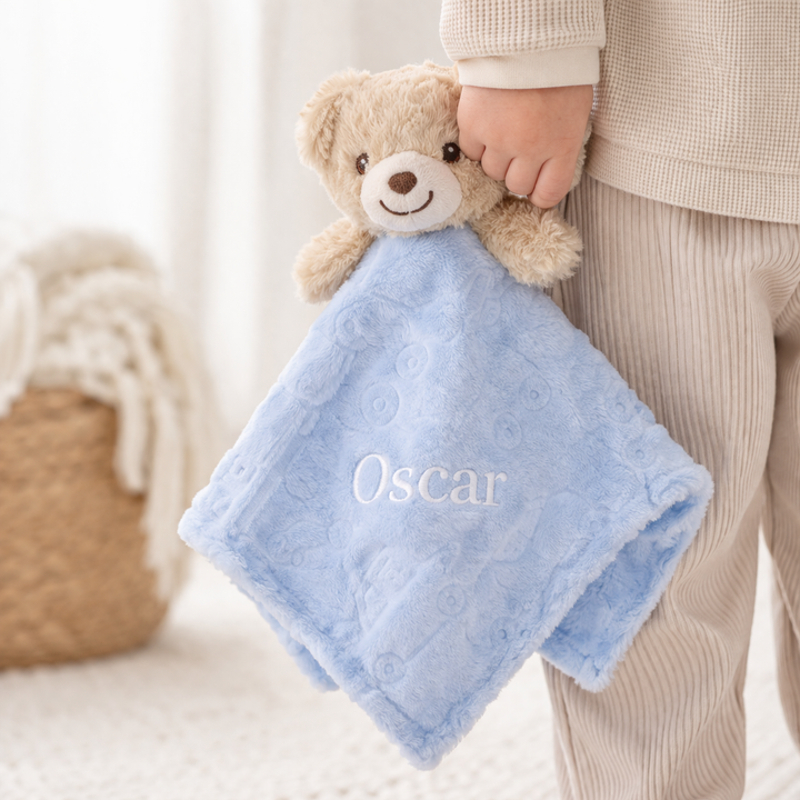 Personalised Embroidered Blue Teddy Comforter