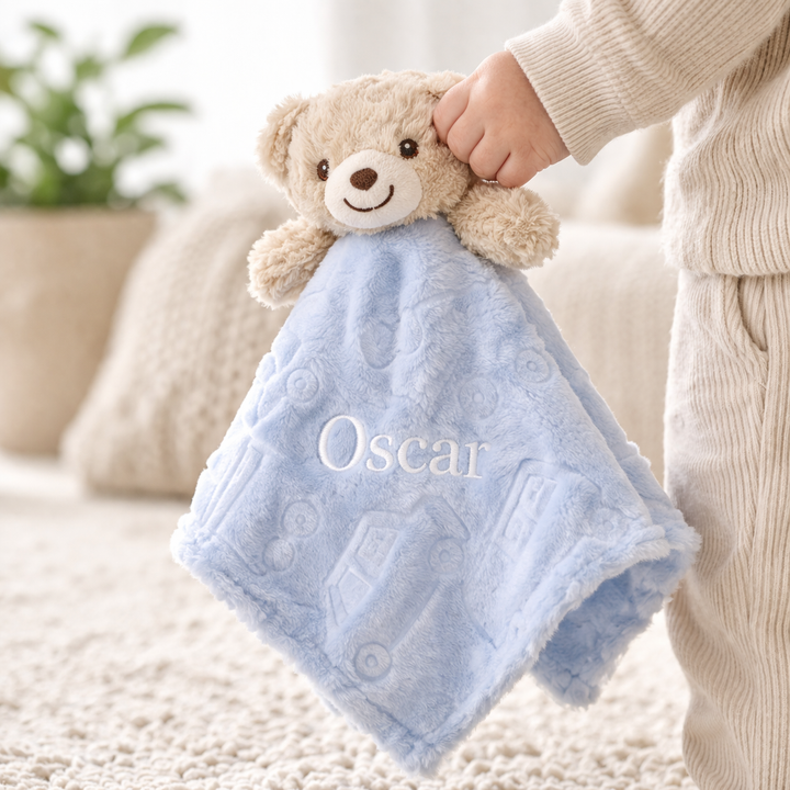 Personalised Embroidered Blue Teddy Comforter