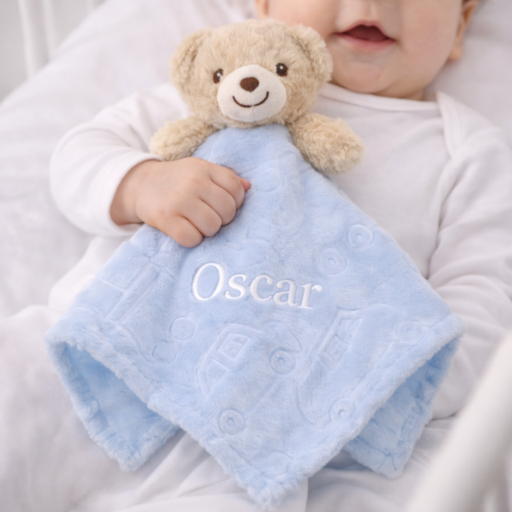 Personalised Embroidered Blue Teddy Comforter
