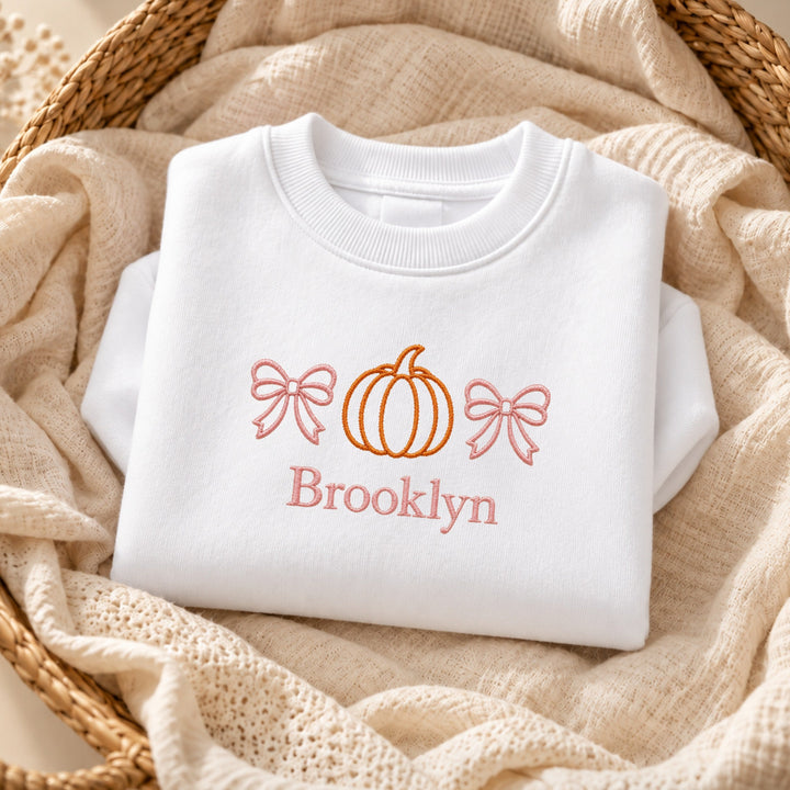 Embroidered Pink Bow Pumpkin Halloween Sweatshirt