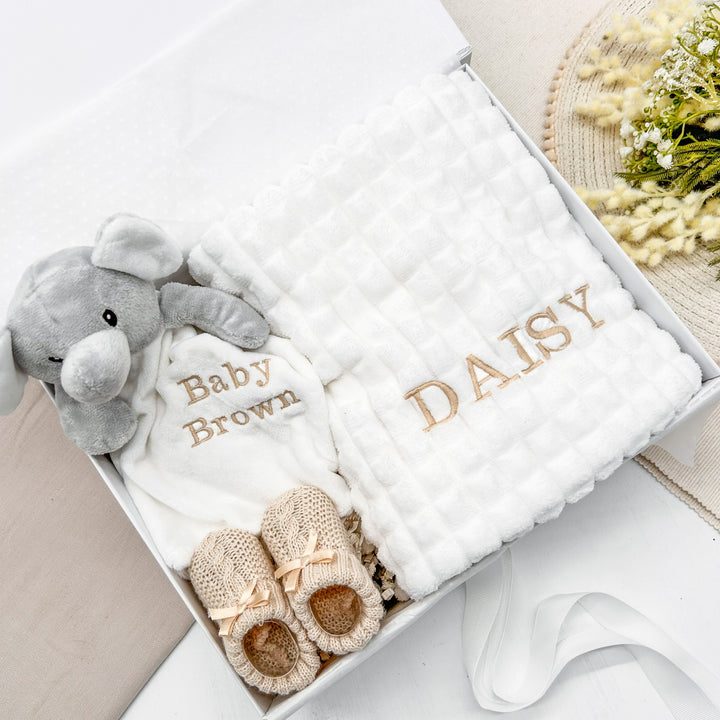 Embroidered White Blanket & Comforter Gift Hamper