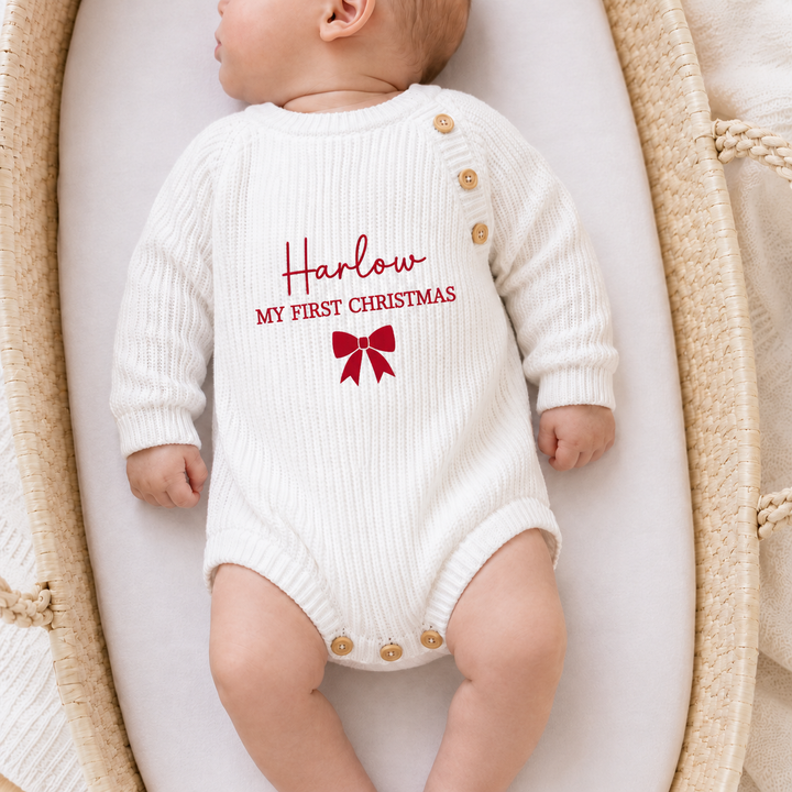Personalised Embroidered Bow Ribbed My First Christmas Romper