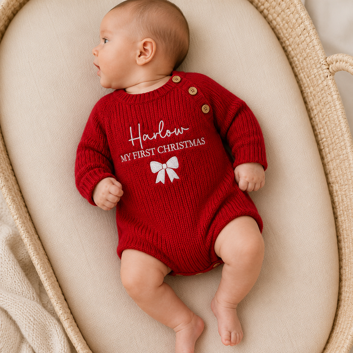 Personalised Embroidered Bow Ribbed My First Christmas Romper