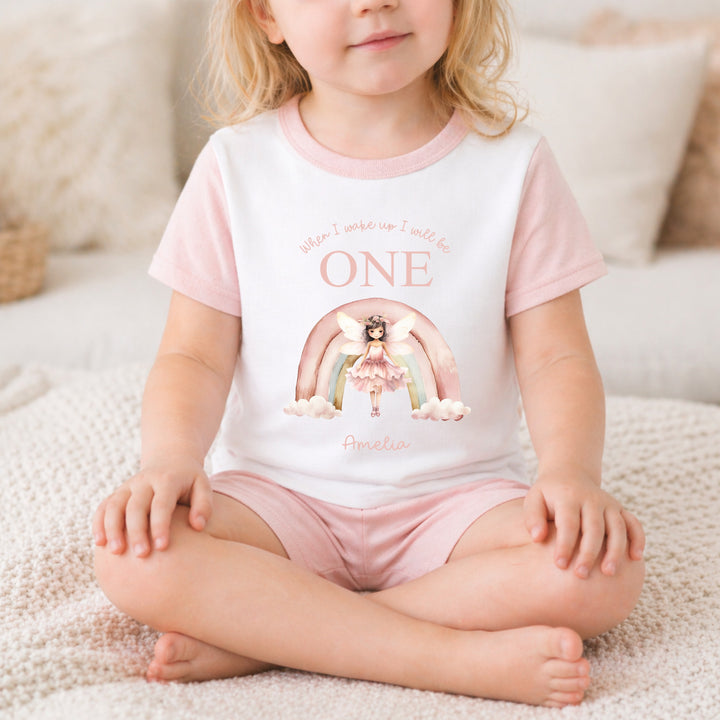 Personalised Pink Fairy Rainbow First Birthday Short Sleeve Pyjamas