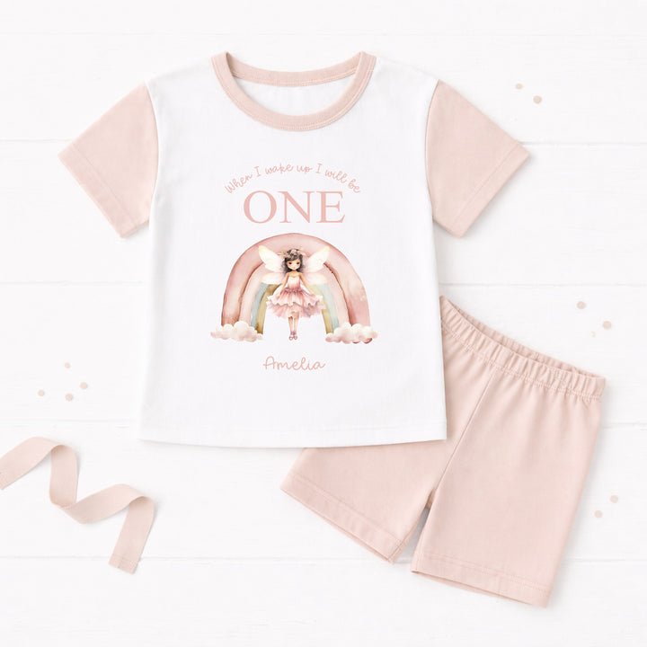 Personalised Pink Fairy Rainbow First Birthday Short Sleeve Pyjamas