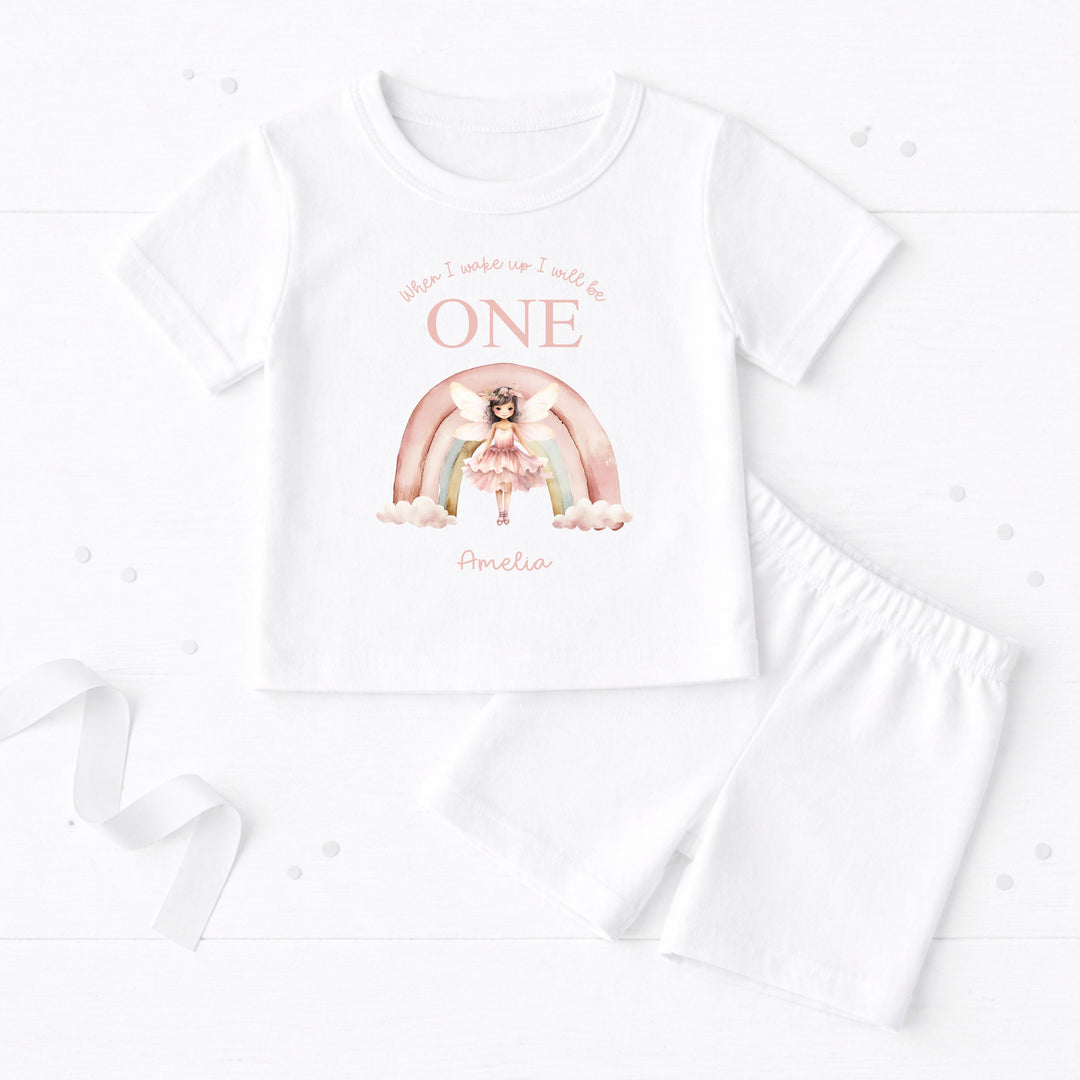Personalised Pink Fairy Rainbow First Birthday Short Sleeve Pyjamas