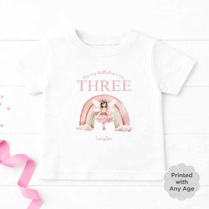 Personalised Pink Fairy Rainbow Any Age Birthday T-Shirt