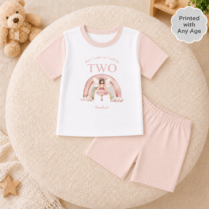 Personalised Pink Fairy Rainbow Short Sleeve Any Birthday Pyjamas
