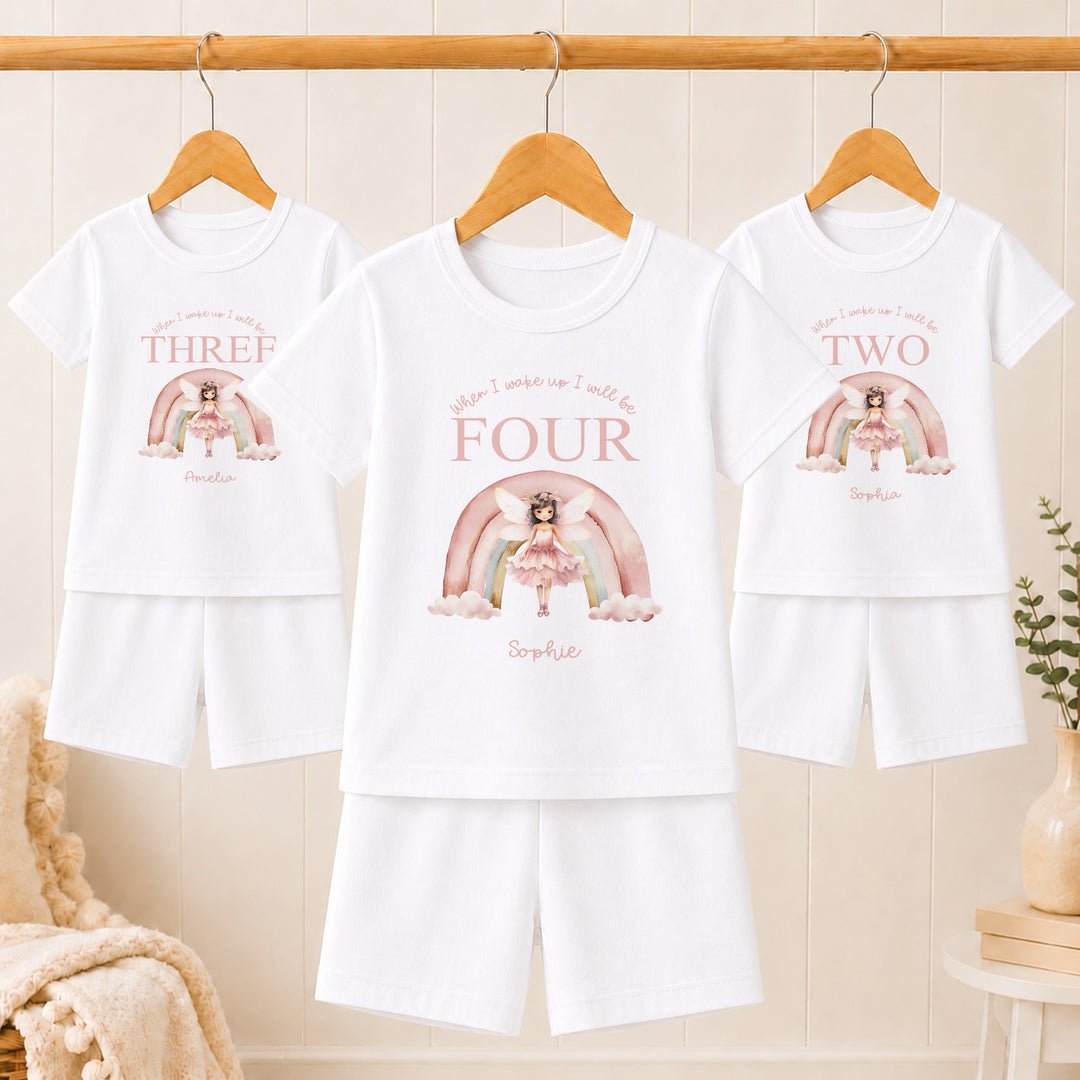 Personalised Pink Fairy Rainbow Short Sleeve Any Birthday Pyjamas