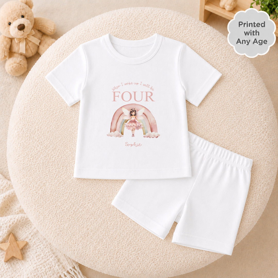 Personalised Pink Fairy Rainbow Short Sleeve Any Birthday Pyjamas