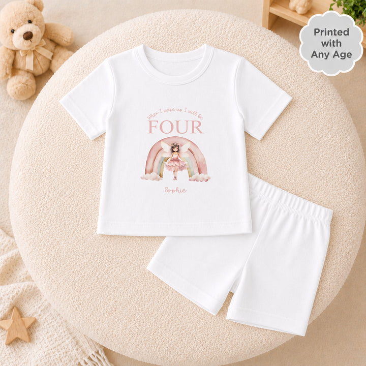 Personalised Pink Fairy Rainbow Short Sleeve Any Birthday Pyjamas