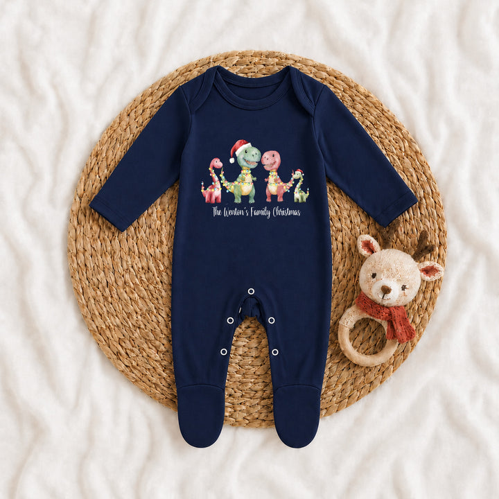 Personalised Dinosaur Family Matching Navy Tartan Christmas Pyjamas