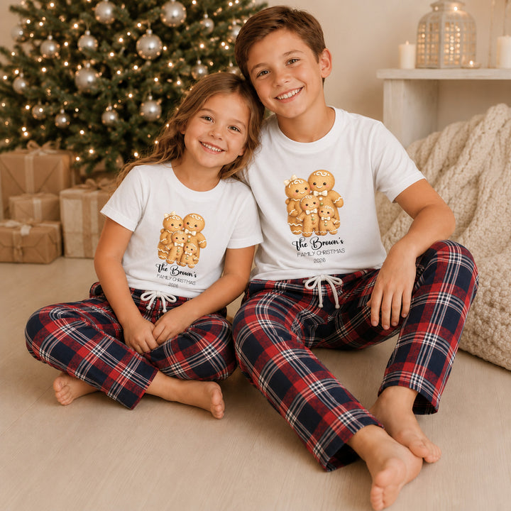 Personalised Gingerbread Family Matching Tartan Christmas Pyjamas