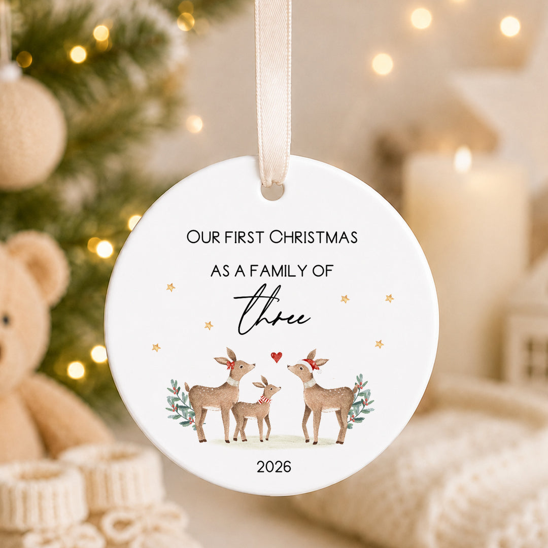 Personalised Ceramic Deers Our First Family Christmas Bauble