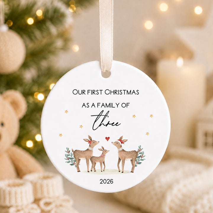 Personalised Ceramic Deers Our First Family Christmas Bauble