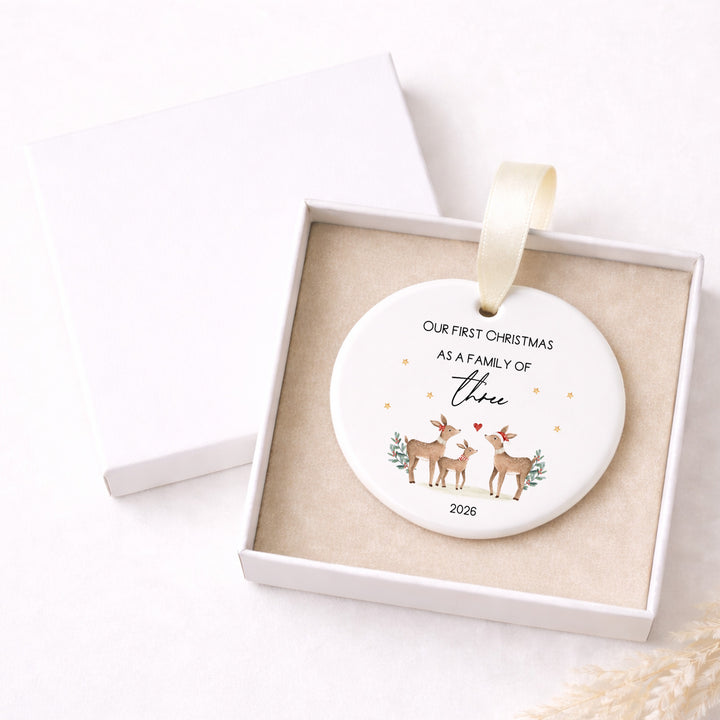 Personalised Ceramic Deers Our First Family Christmas Bauble