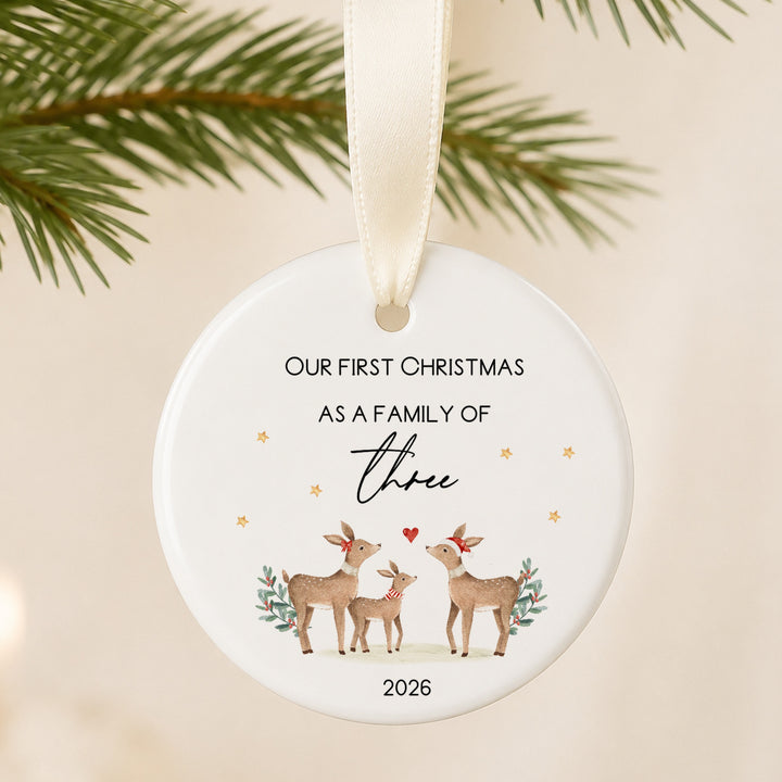 Personalised Ceramic Deers Our First Family Christmas Bauble