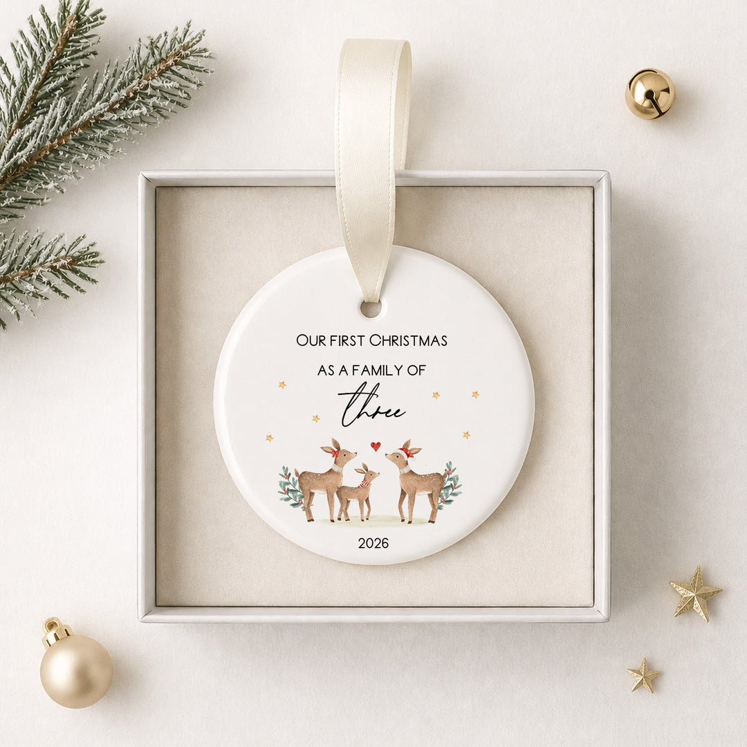 Personalised Ceramic Deers Our First Family Christmas Bauble