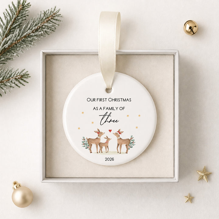 Personalised Ceramic Deers Our First Family Christmas Bauble