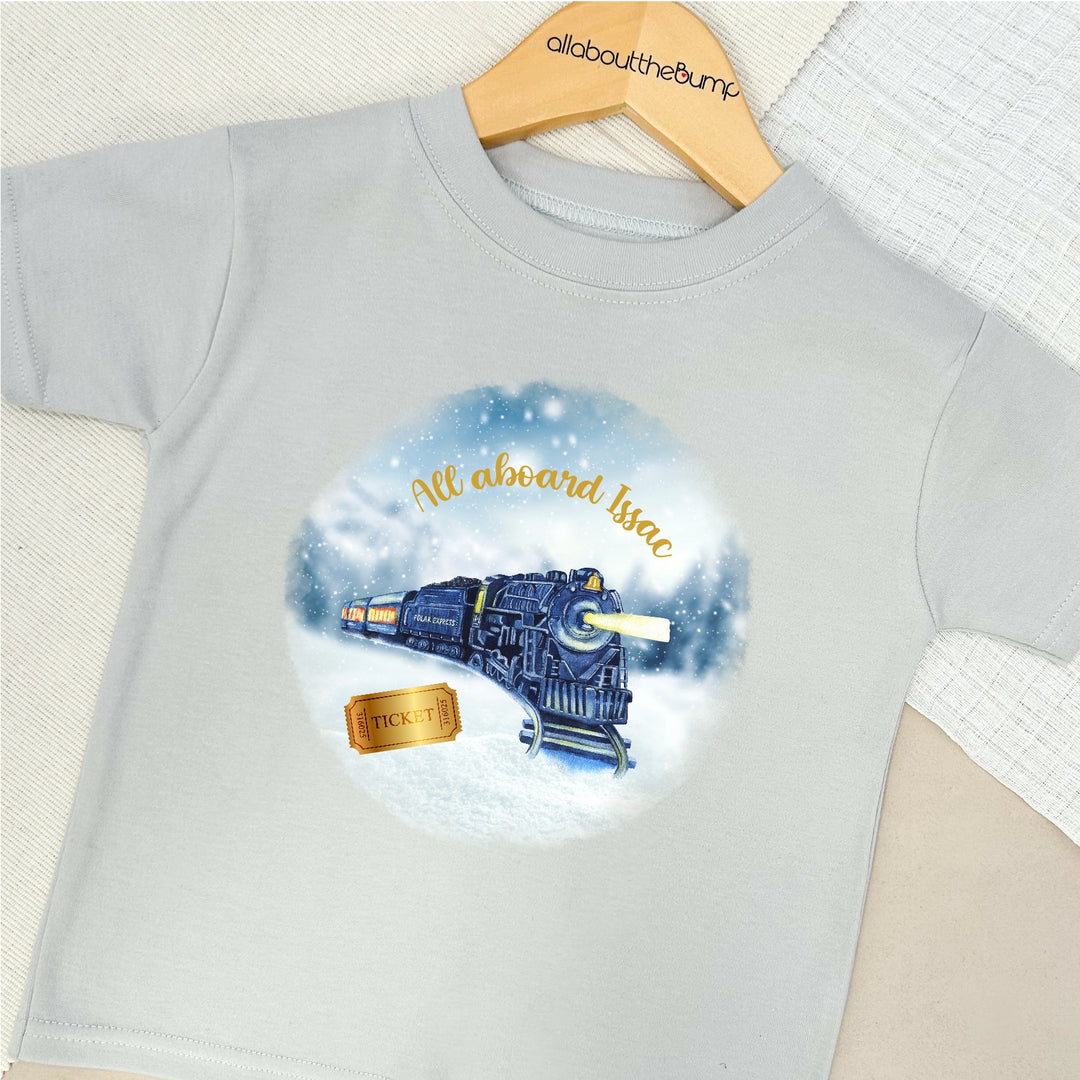 Personalised Festive Train T-shirt | Peach Blue Brown Grey
