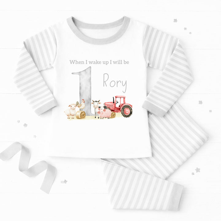 Personalised Grey Tractor First Birthday Pyjamas