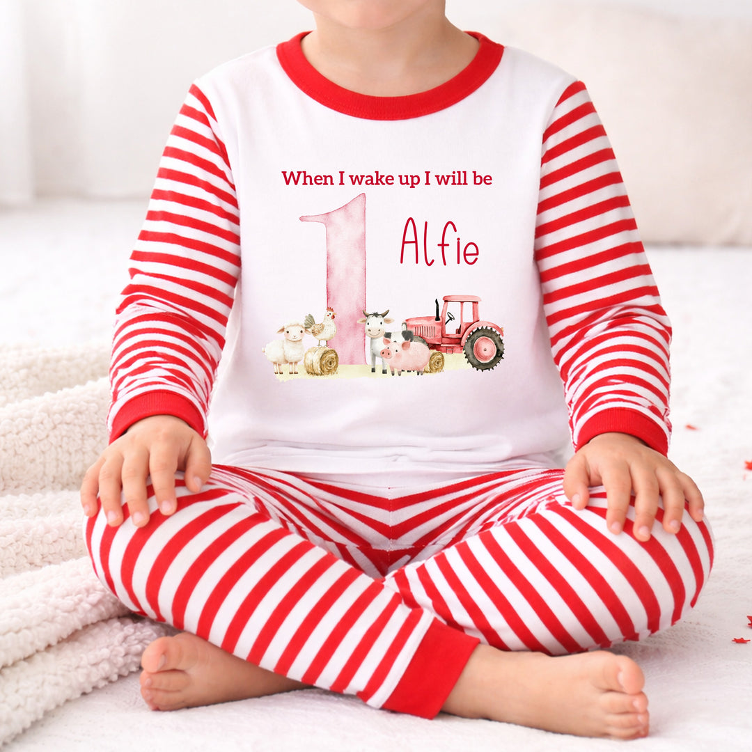 Personalised Red Farm Animals &amp; Tractor First Birthday Pyjamas