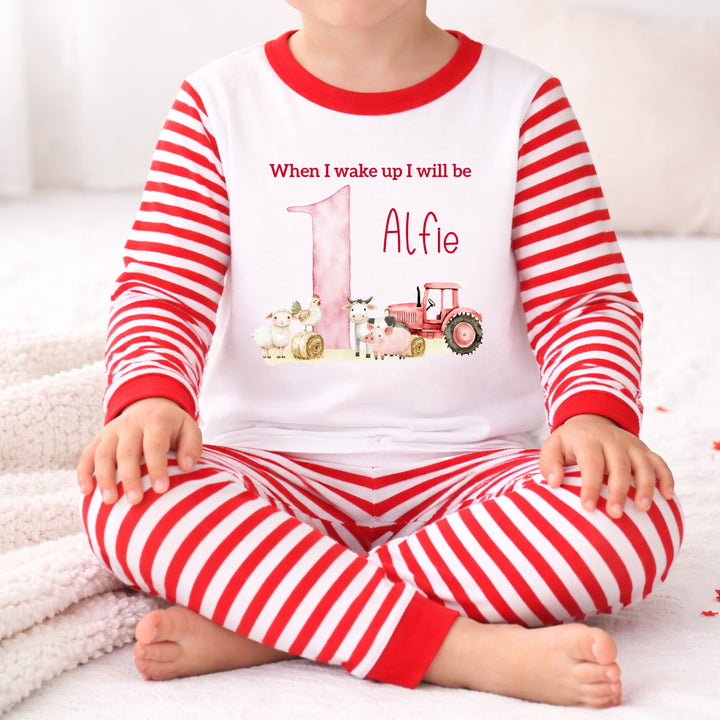 Personalised Red Farm Animals &amp; Tractor First Birthday Pyjamas