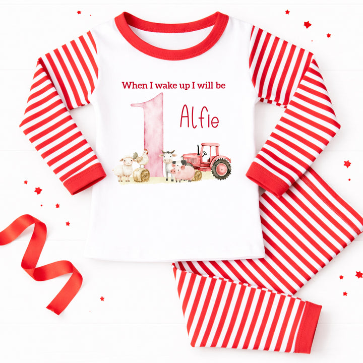Personalised Red Farm Animals &amp; Tractor First Birthday Pyjamas