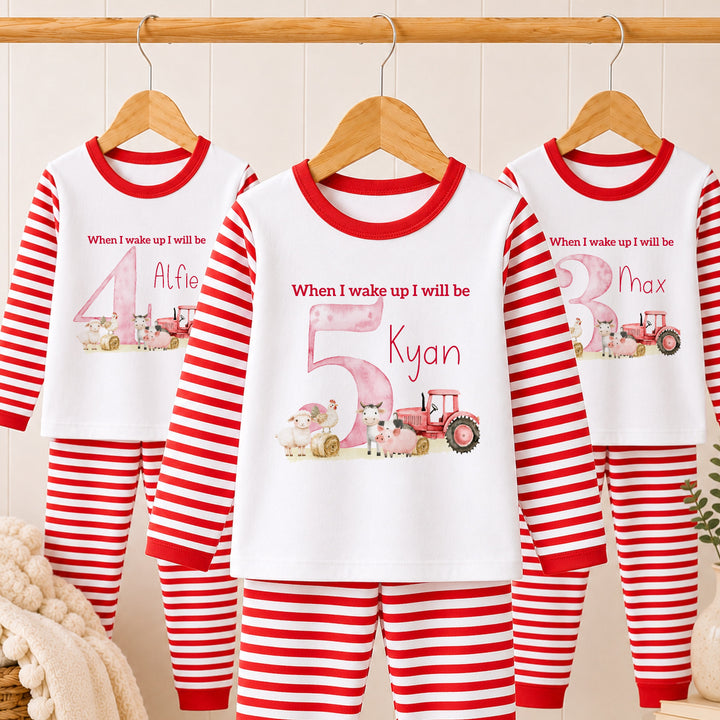 Personalised Red Tractor Any Age Birthday Pyjamas