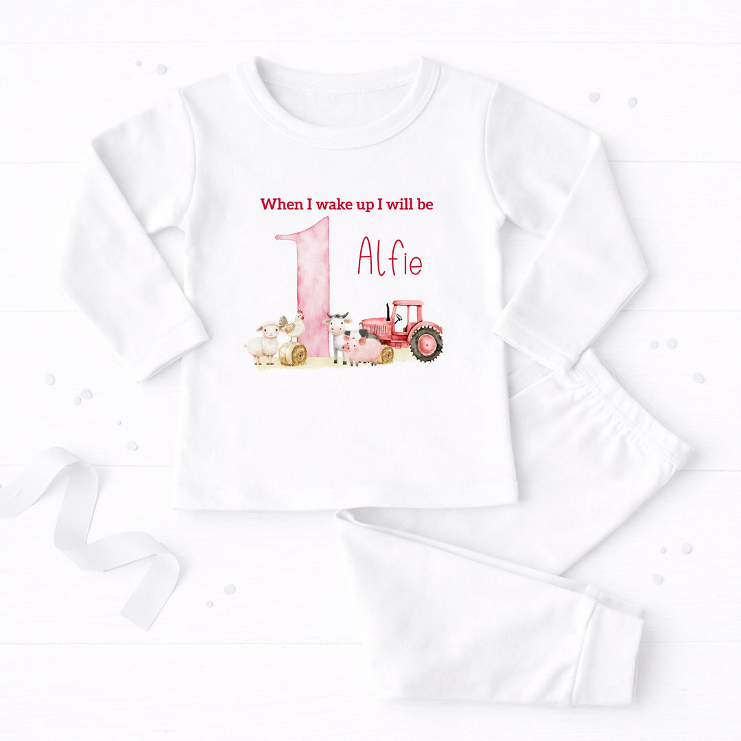 Personalised Red Farm Animals &amp; Tractor First Birthday Pyjamas
