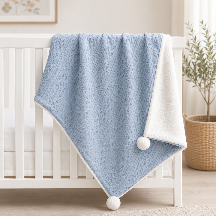 Dusky Blue Cable Knit Blanket W/ Pom Pom