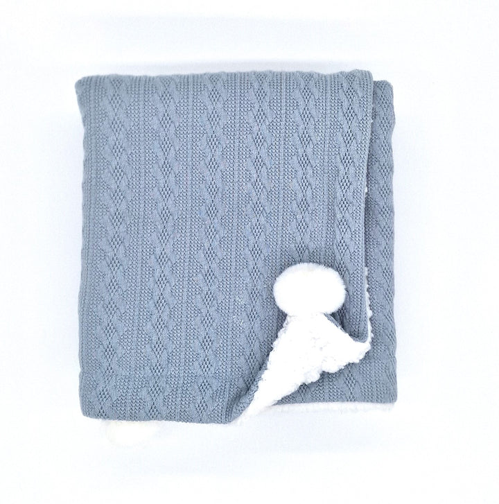 Personalised Embroidered Dusty Blue Baby Knitted Pompom Blanket