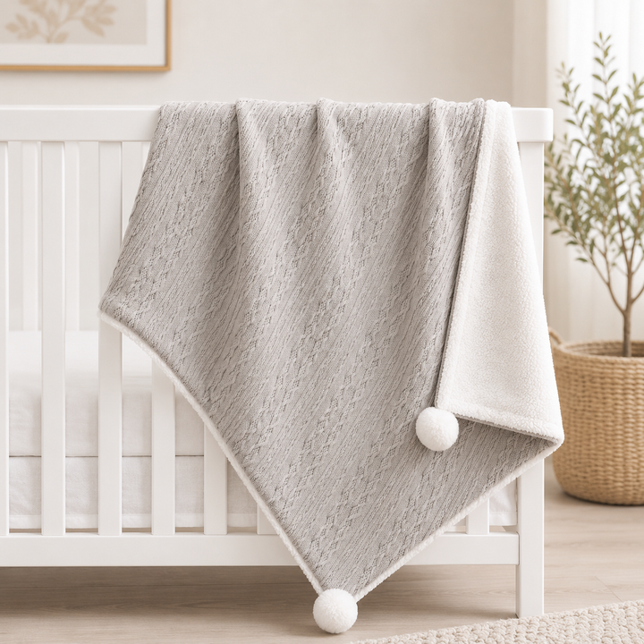 Grey Cable Knit Blanket W/ Pom Pom