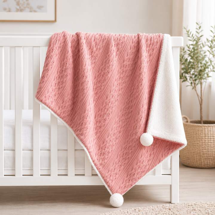 Rose Gold Cable Knit Blanket W/ Pom Pom